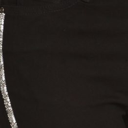 close up view of striped jeans in black with a rhinestone trim